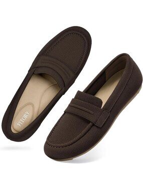 Women's Brown Round Toe Flat Slip On Breathable Business Casual Penny Loafer